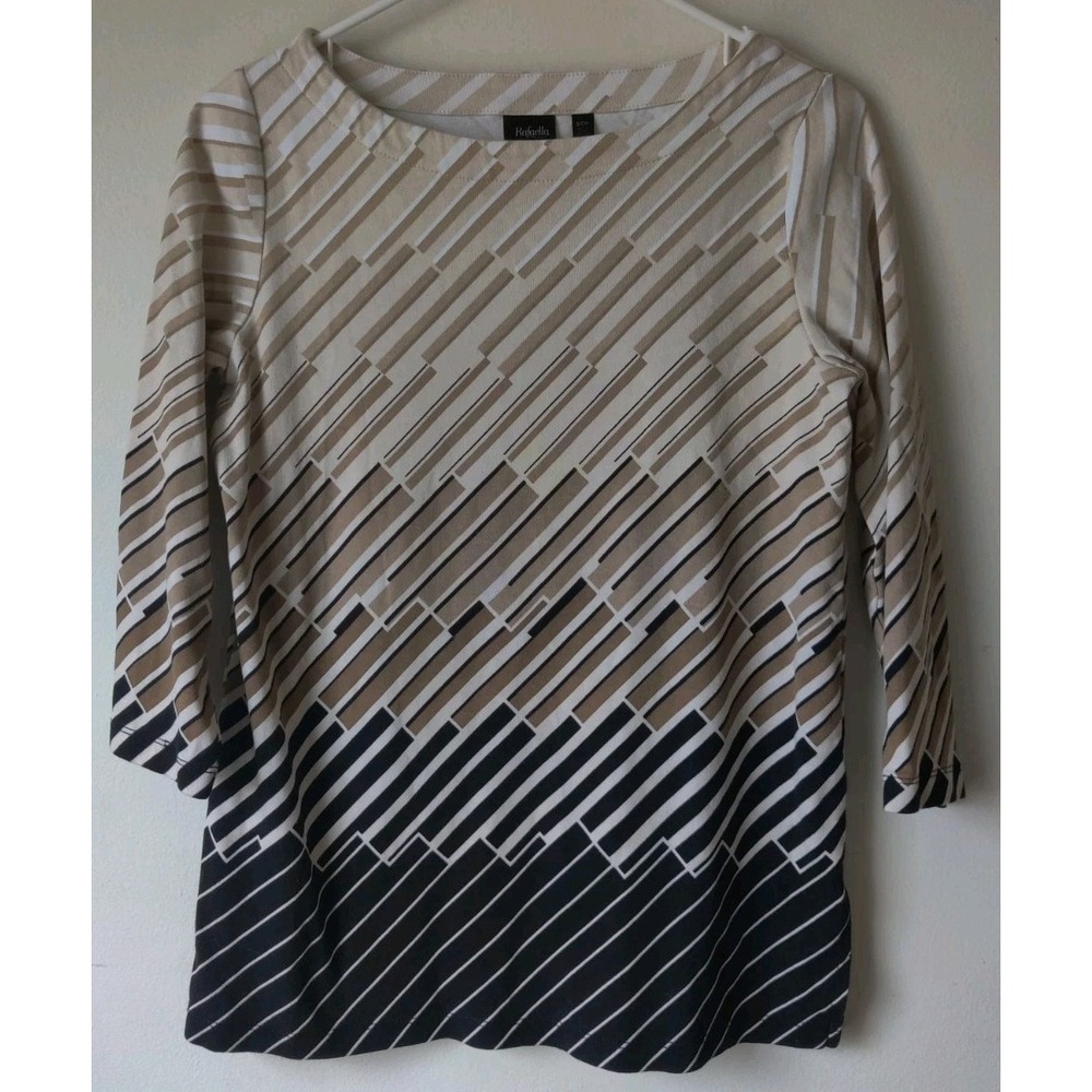 Rafaella Women's 100% Cotton 3/4 Sleeve Boat Neck Brown/Black/White Top Size S